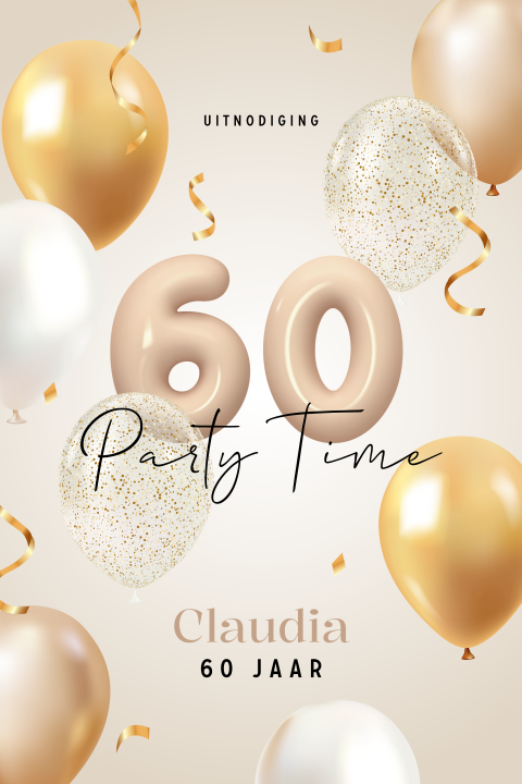 Feestelijke verjaardagsuitnodiging 60 jaar met confetti en ballonnen