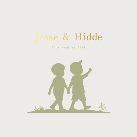 Jongens tweeling geboortekaartje silhouet handen vasthouden