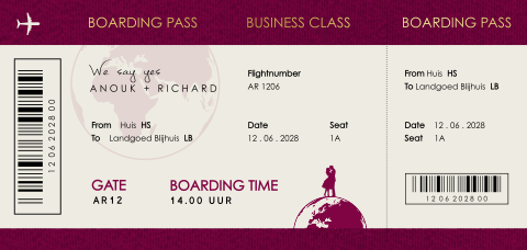 Vliegticket trouwkaart boarding pass met wereldbol en foliedruk
