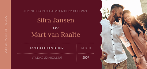 Ticket trouwkaart met golvend kader en eigen foto