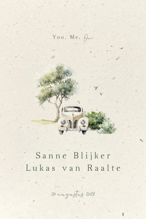 Duurzame trouwkaart met aquarel schildering landschap en auto