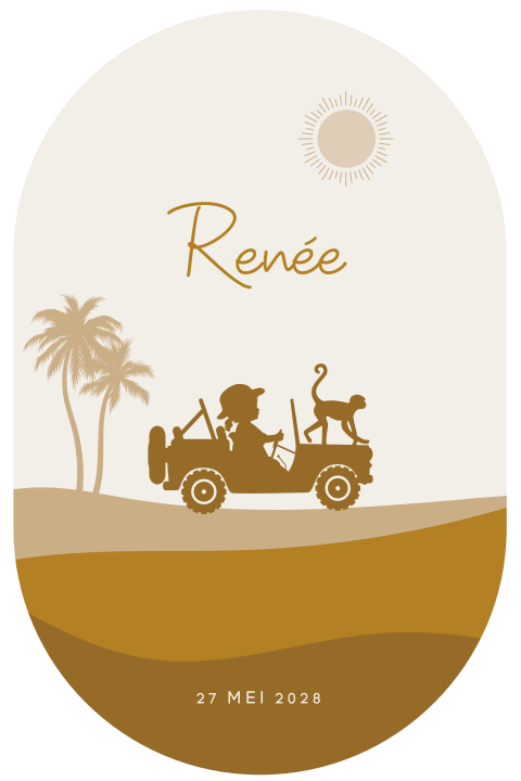 Silhouet geboortekaartje in ovale vorm met jeep en aapje