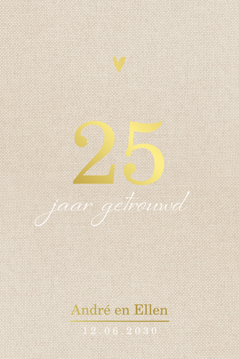 Stijlvolle 25 jaar getrouwd uitnodiging met linnenlook en goudfolie