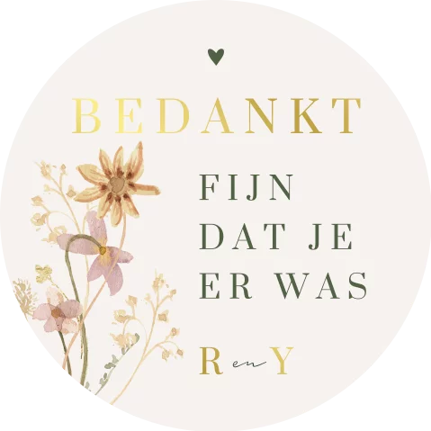 Sticker Trouw Ronde bedanksticker trouwbedankje met bloemen en goudfolie - 20 stuks