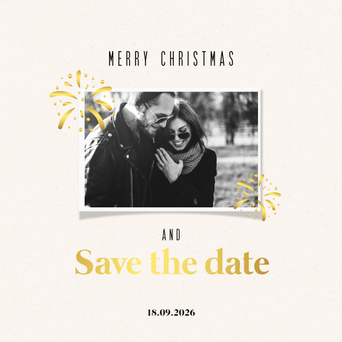 Stijlvolle Save the Date kerstkaart met foto en vuurwerk