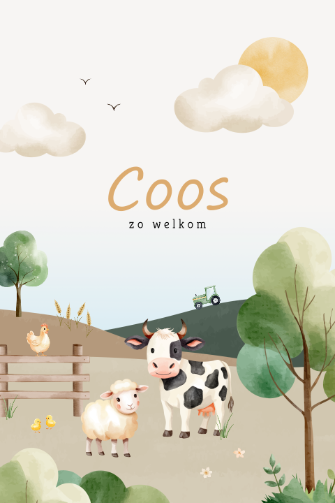 Unisex geboortekaartje boerderij met een koe en schaap 