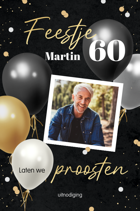 Feestelijke uitnodiging verjaardag 60 jaar met ballonnen en foto