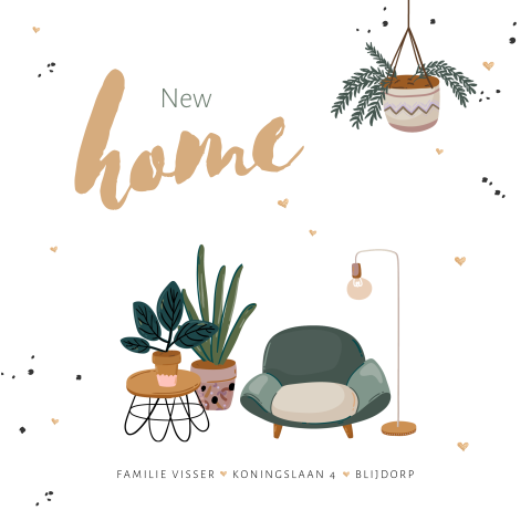 Verhuiskaart met illustraties van meubels en kamerplanten