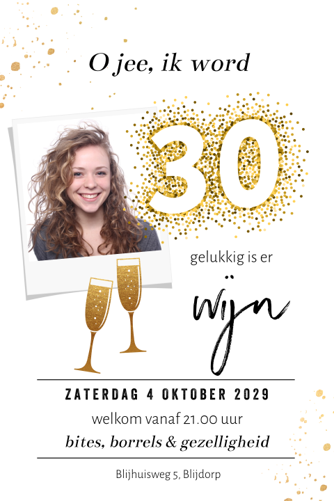 Foto en wijn uitnodiging voor verjaardag 30 jaar