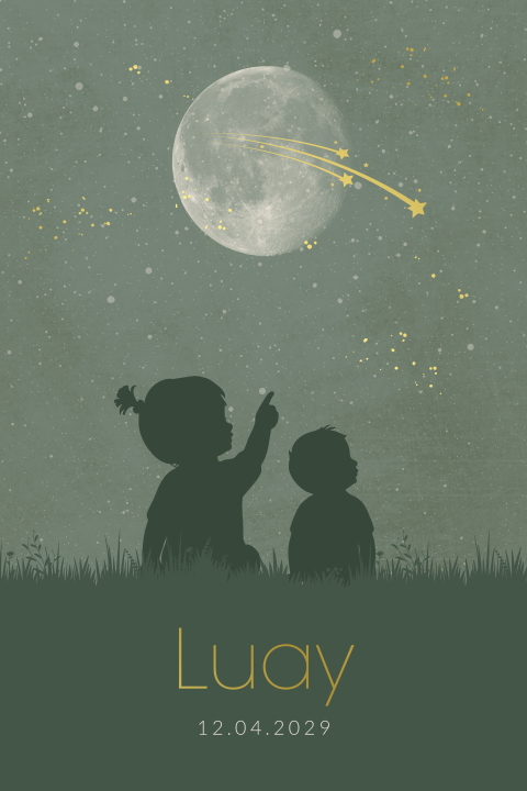 Luxe broertje geboortekaartje met silhouet zus, broertje en sterren