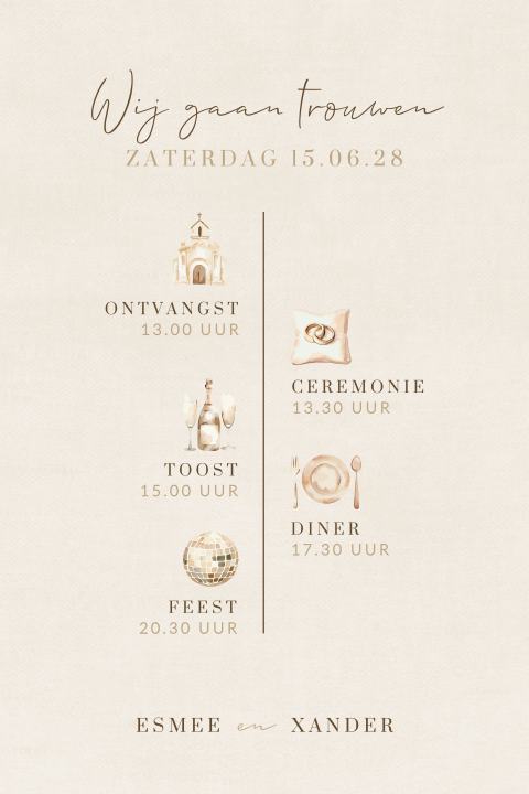 Trouwkaart met tijdlijn en illustraties met linnenlook en ronde hoeken