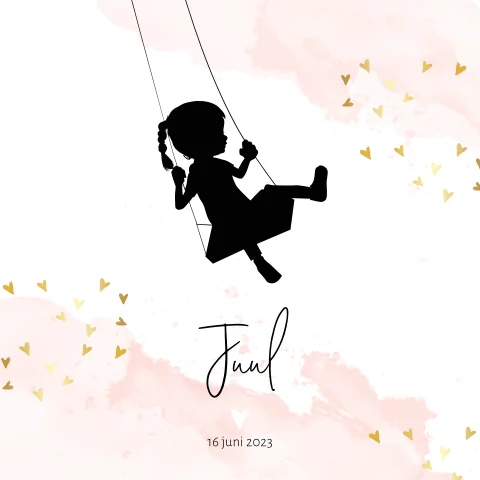 Silhouet meisje op schommel geboortekaartje