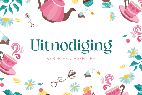 High tea uitnodiging met een theepot, theekopjes en bloemen