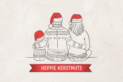 Heppie kerstmuts kerstkaart met gezin en lijntekening