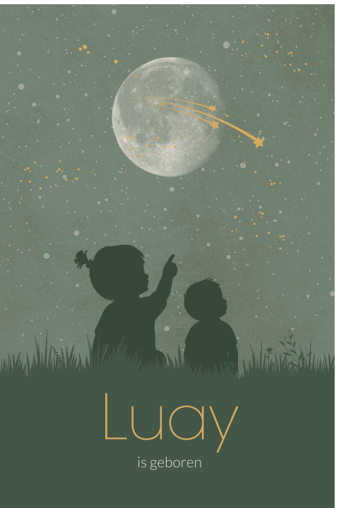 Silhouet geboorte raambord met grote zus en broertje met vallende ster