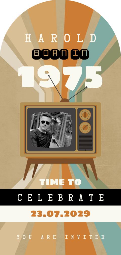 Retro verjaardag uitnodiging 50 jaar in bijzondere vorm met foto en tv