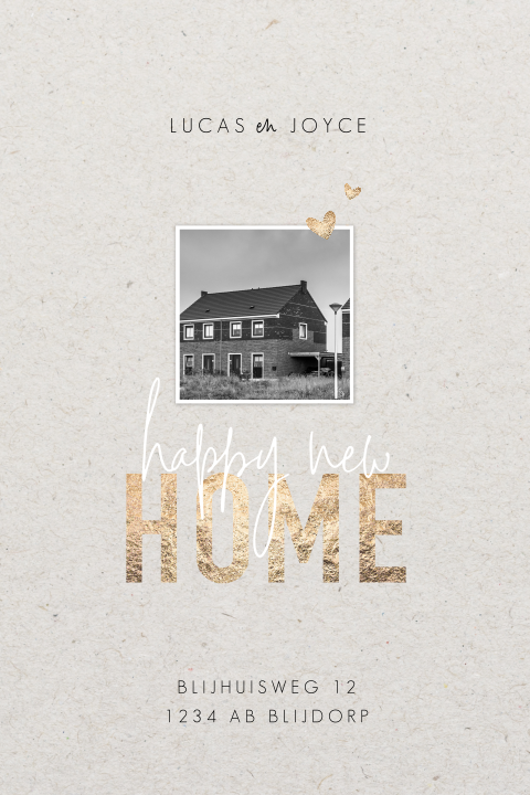 Kartonlook verhuiskaart met foto en Happy New Home