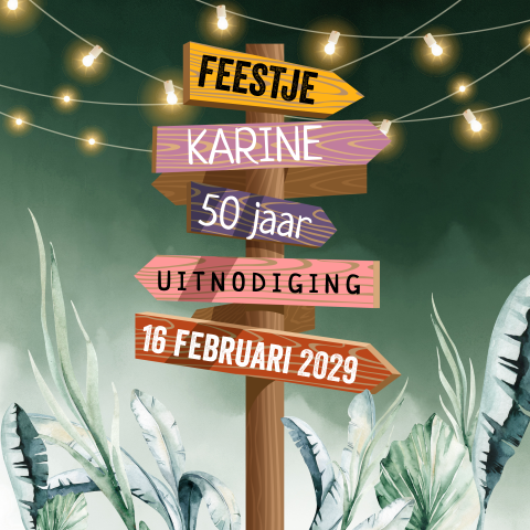 Hippe verjaardag uitnodiging 50 jaar met wegwijzer en lampjes