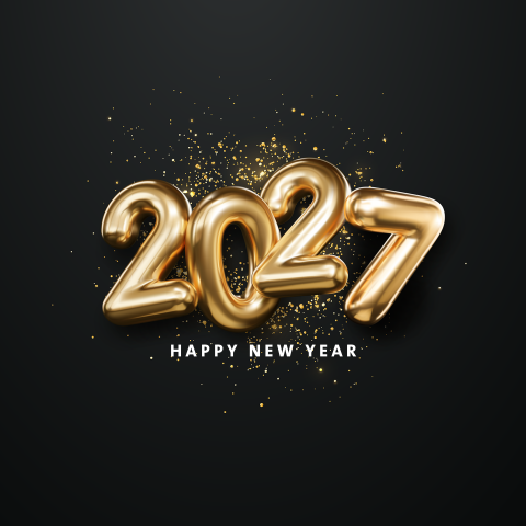 Zakelijke nieuwjaarskaart met jaartal 2027 in gouden cijferballonnen