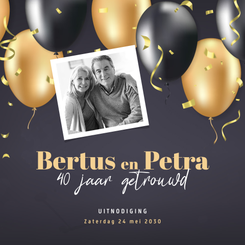 Uitnodiging 40 jaar getrouwd met foto, ballonnen en confetti