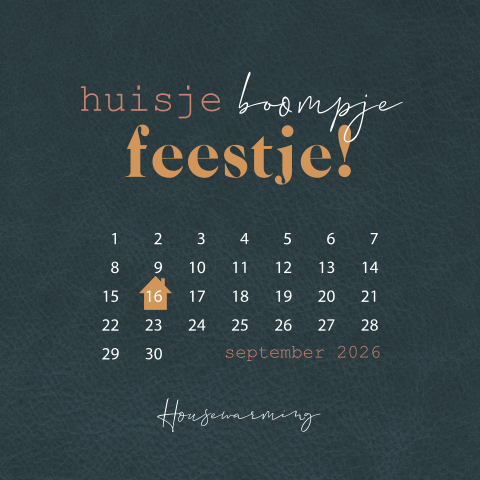 Uitnodiging housewarming met kalender en lederlook achtergrond