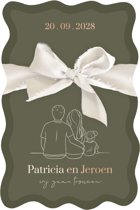 Trouwkaart met organische vorm, folie en echt lint