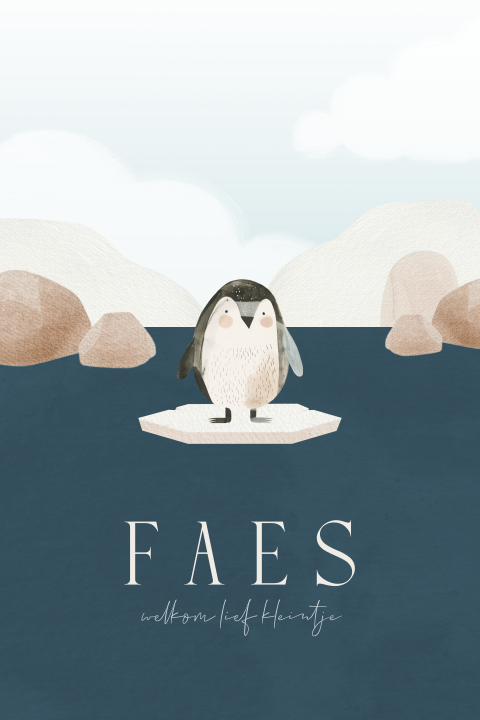 Jongens geboortekaartje met pinguïn op ijsschots