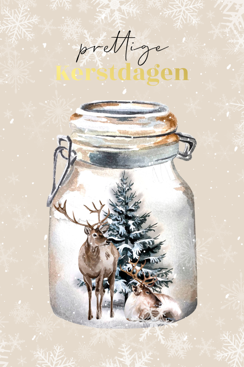 Rendier kerstkaart met weckpot en foliedruk