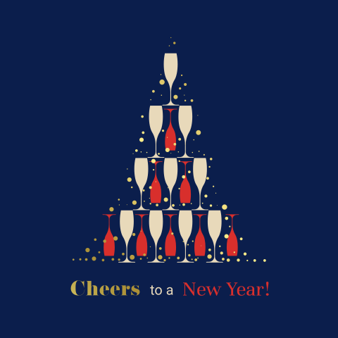 Zakelijke kerstkaart met kerstboom van champagne en goudfolie