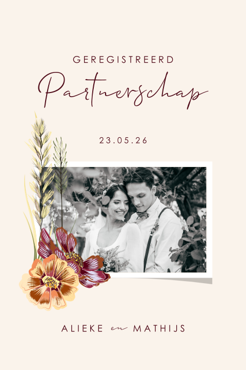 Kaart geregistreerd partnerschap met eigen foto en bloemen