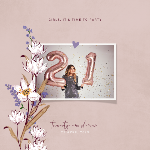 21 diner party uitnodiging met foto en bloemen
