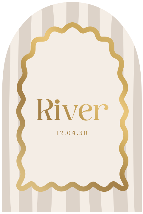 Luxe unisex geboortekaartje in boogvorm met strepen en foliedruk