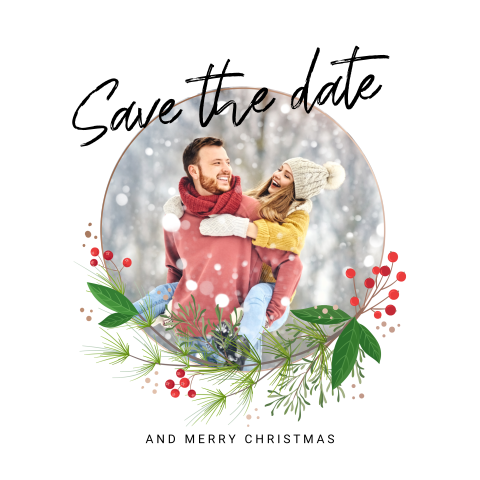 Feestelijke Save the Date kerstkaart met foto en takjes