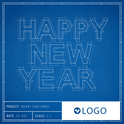 Zakelijke kerstkaart met happy new year bouwtekening in blueprint