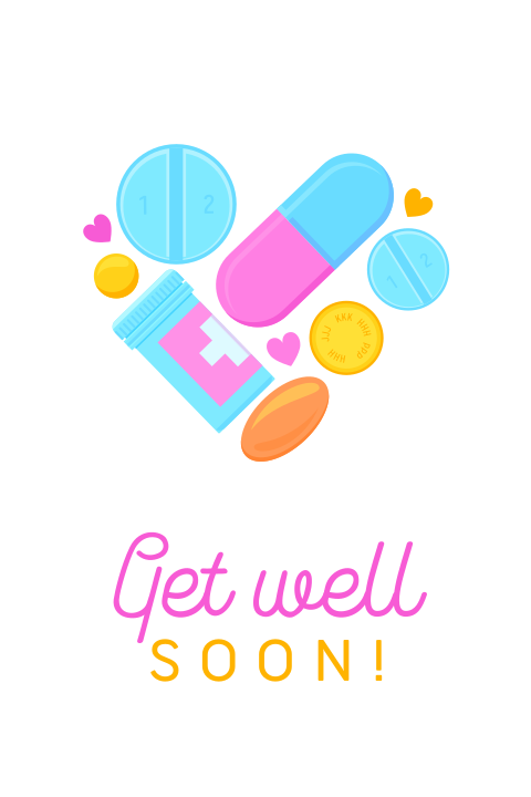 Beterschap wenskaart get well soon met medicijnen