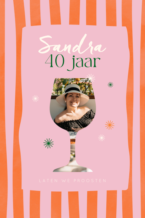 Hippe verjaardagsfeest uitnodiging 40 jaar met strepen en foto in wijn