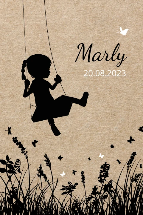 Silhouet kaartje meisje op schommel met kraft karton achtergrond