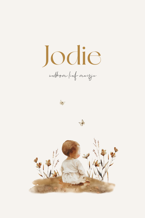 Getekend meisje geboortekaartje met baby meisje, bloemen en vlinders