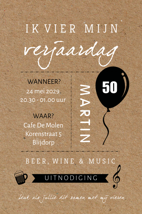 Handlettering 50 jaar uitnodiging met bier en ballon