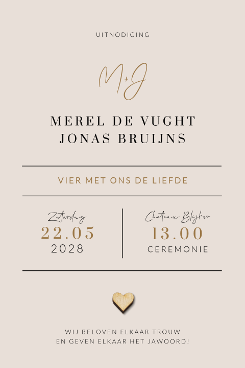 Cleane typografische trouwkaart met initialen en lijnen