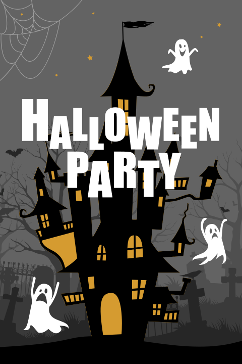 Uitnodiging Halloween met spookkasteel, spoken, kerkhof en vleermuizen