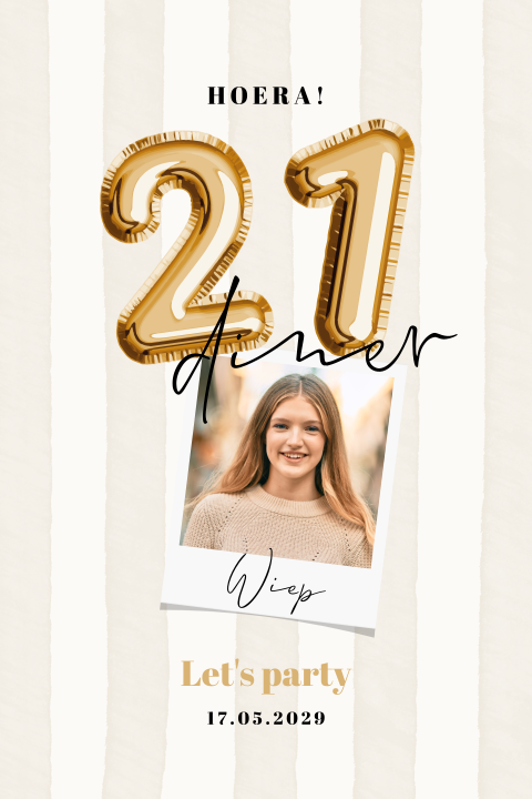 21 diner uitnodiging verjaardag vrouw met foto, cijfers en strepen