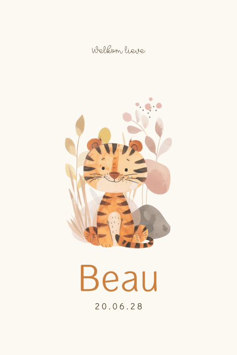 Schattig unisex geboortekaartje met tijger in jungle