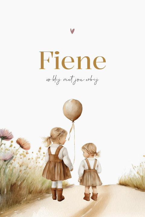 Geboortekaartje meisje met een ballon, aquarel landschap en bloemen