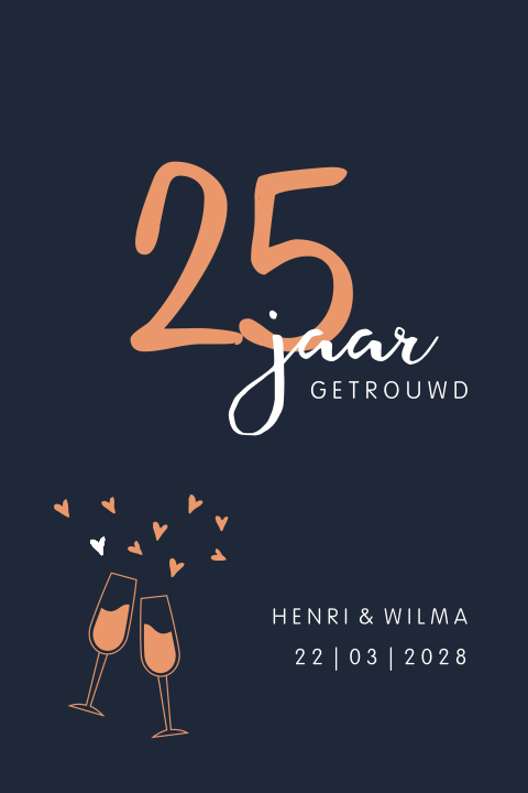 Jubileumkaart 25 jaar met proostende glazen en hartjes