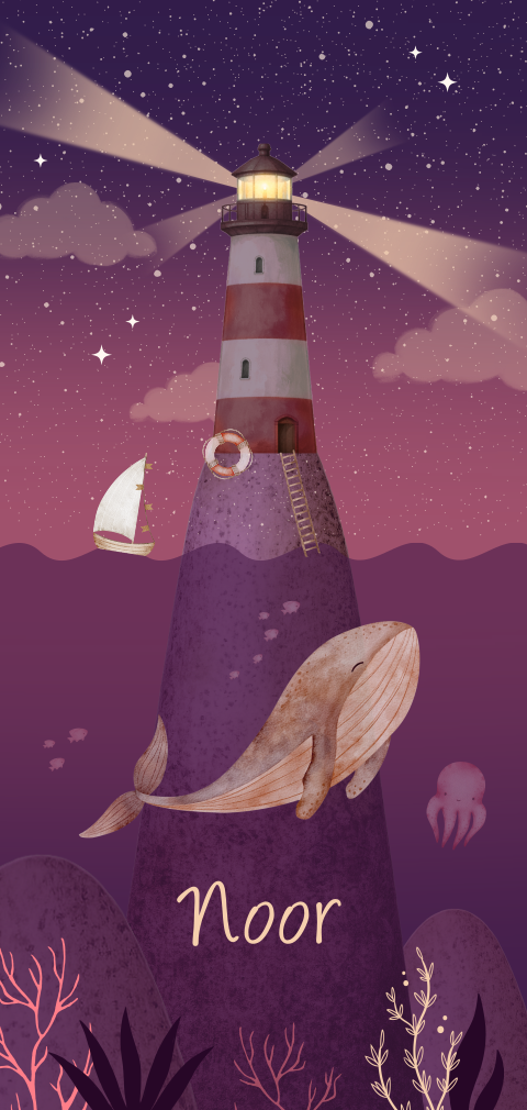 Geboortekaartje voor een meisje met walvis en vuurtoren in de nacht