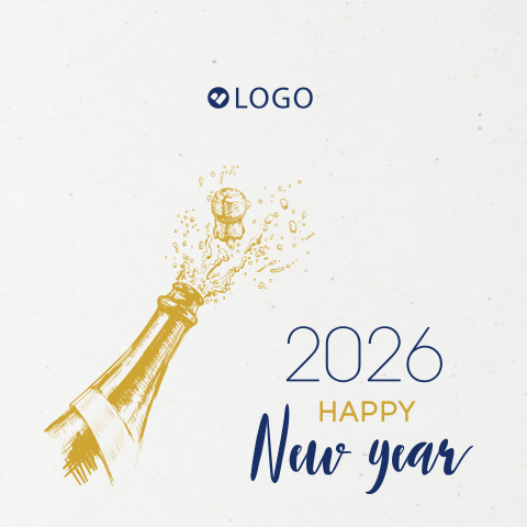 Zakelijke nieuwjaarskaart op duurzaam papier met champagnefles en logo