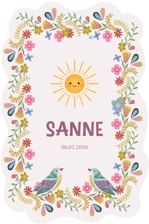 Boho eclectic geboortekaartje met zon en vogels