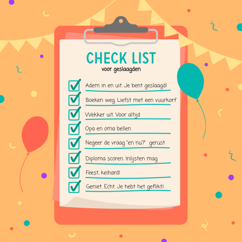 Geslaagd wenskaart met checklist, ballonnen en confetti 