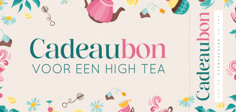 Ticket cadeaubon high tea uitnodiging met theepot, cupcakes en bloemen